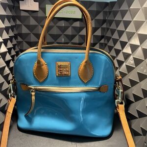 Dooney & Bourke Blue Patent Leather Satchel Tote Bag Red Lining Zip Pocket